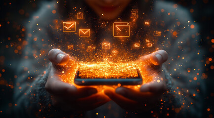 Digital Communication and Data Exchange Concept with Floating Icons Above Smartphone in User's Hands