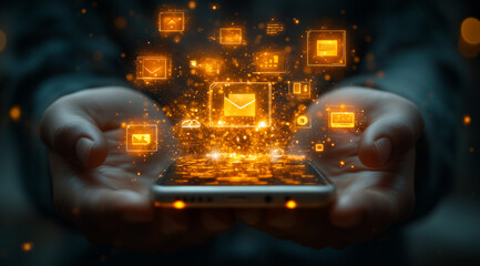 Digital Communication and Data Exchange Concept with Floating Icons Above Smartphone in User's Hands