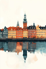 Obraz premium Copenhagen, Denmark, color pen pencil hand-drawn effect drawing illustration for travel poster, card, wallpaper, backdrop or banner. Modern, clear, artistic and simple