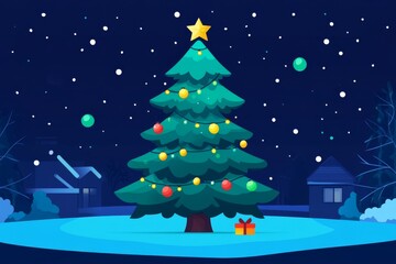 Obraz premium Cartoon Christmas tree set in a snowy suburban neighborhood at night with glowing lights and ornaments creating a cheerful and bright holiday atmosphere