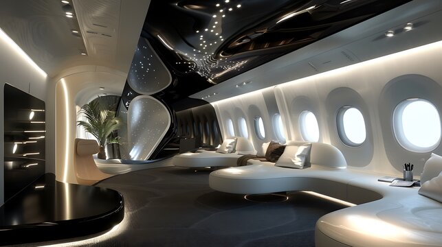 Luxurious interior design of private jet with comfortable seating sleek lines and modern aesthetic for showcasing elite travel experience contemporary style and aviation luxury concept.