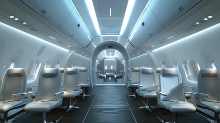 Obraz premium Modern Minimalist interior of an airplane cabin showcasing sleek, comfortable seats with a bright and airy ambiance.