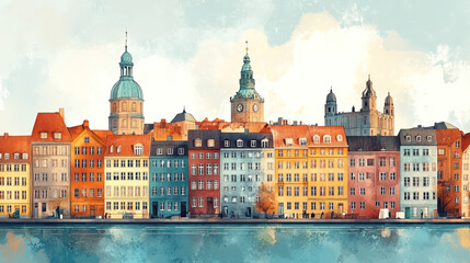 Obraz premium Copenhagen, Denmark, color pen pencil hand-drawn effect drawing illustration for travel poster, card, wallpaper, backdrop or banner. Modern, clear, artistic and simple