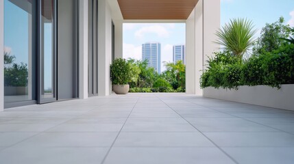 Tranquil Urban Oasis: Open-Air Terrace with White Stone Tiles, Green Plants, and City View under Blue Sky