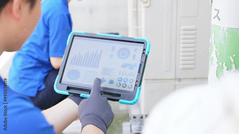 Poster タブレットを見ながら配管・機械を点検するエンジニアのグループ
