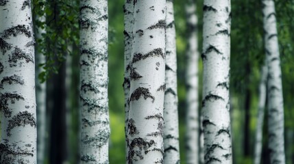 Obraz premium Majestic birch trees standing tall in a serene forest during a sunny day, showcasing their white bark and lush green surroundings