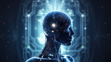 generated illustration of profile of a person, filled with glowing points of light representing AI artificial technology .