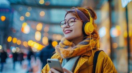 Obraz premium Young Woman Enjoying Music on Headphones and Smartphone in the City at Dusk