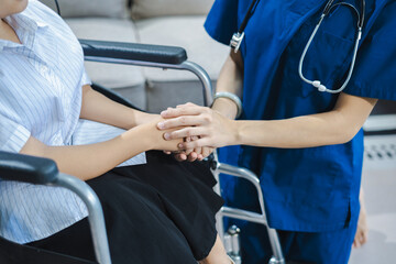 Friendly nurse doctor disease patient support during recovery, caregiver taking care of her patient...