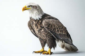 Obraz premium Bald Eagle Perched A powerful bald eagle standing proudly, its sharp eyes scanning its surroundings. 