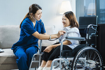 Friendly nurse doctor disease patient support during recovery, caregiver taking care of her patient...