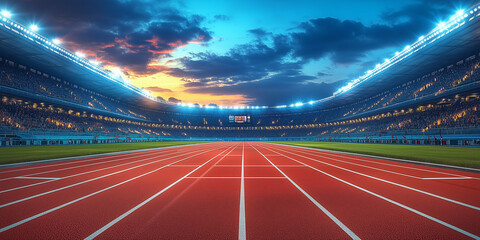Empty Professional Athletics Track in a Large Stadium with Spectator Stands at Sunset, Representing Competitive Sports, Running Events, and Outdoor Athletic Competitions.