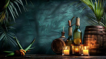 Tropical Setting With Rum Bottles, a Barrel, Candles, and Vibrant Foliage at Sunset