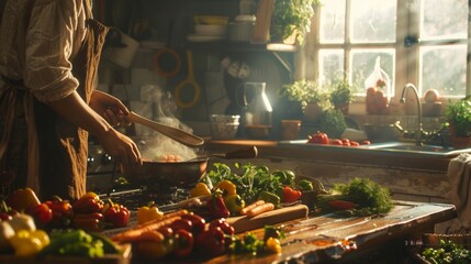Fototapeta premium A Chef Prepares Fresh Ingredients in a Cozy Kitchen Filled with Light and Colorful Vegetables