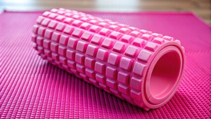 Close-up side view of a massage foam roller on a pink sports mat , self-care, fitness, exercise