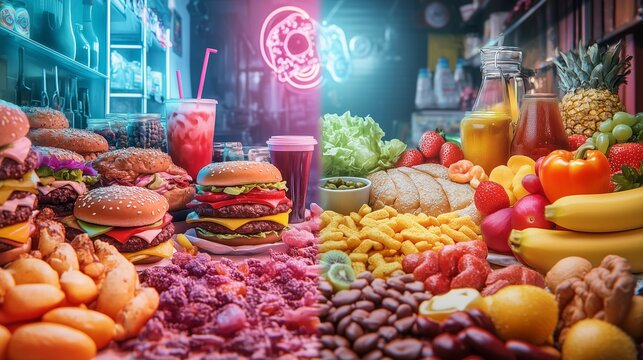 A split scene contrasts unhealthy fast food chaos with serene, fresh, healthy options.