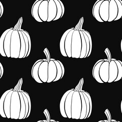 Autumn pattern. Large and small pumpkins. Sketch illustration. Black lines. On a black background.