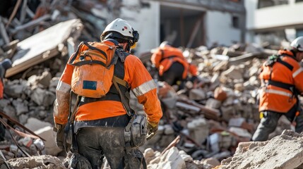 Rescue Workers Conducting Search Operations After Disaster