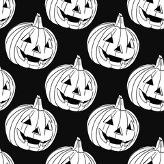 Pattern for Halloween. Pumpkin with a carved face. Sketch illustration. Black lines. On a black background.