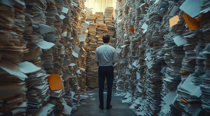 Overwhelmed Businessman Standing Amidst Towers of Paperwork Representing Bureaucratic Overload and Workplace Stress