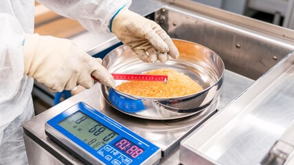 A person in a white uniform and gloves carefully measures orange-colored food ingredients using a digital scale and a measuring spoon in a stainless steel kitchen environment.