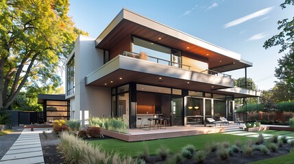 Fototapeta premium Modern house with a large backyard and a deck. The house is designed with a minimalist aesthetic and features large windows that provide plenty of natural light.