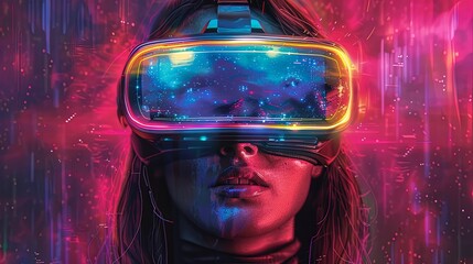 Woman wearing a futuristic helmet standing in a virtual world, digital art style, illustration painting