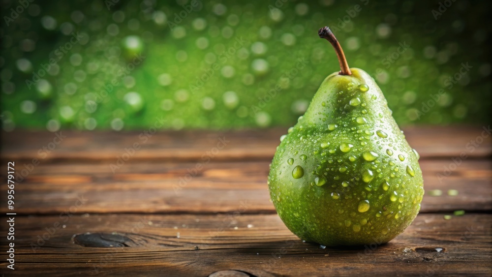 Canvas Prints Green ripe pear covered with drops of water on a wooden table, pear, fruit, green, ripe, drops, water, fresh, healthy, organic