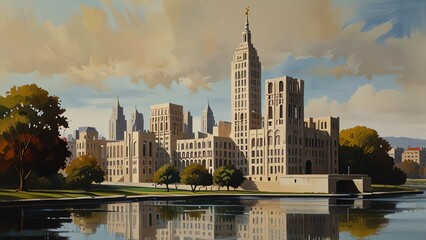Obraz premium a painting of a city skyline with a lake in the foreground.