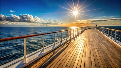 Naklejka premium Empty open deck on a cruise ship with sun shining on the sea , travel, vacation, relaxation, ocean, leisure, sunny