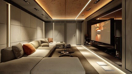 Fototapeta premium Modern home theater room with a large screen and a comfortable white sofa for a relaxing movie experience