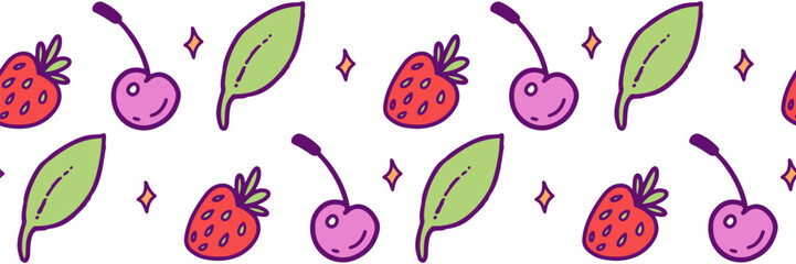 Cute colored berry doodle background. Cherries and strawberries seamless pattern. Hand drawn berries in cartoon style, fresh and funny summer print. Outline trendy vector illustration.