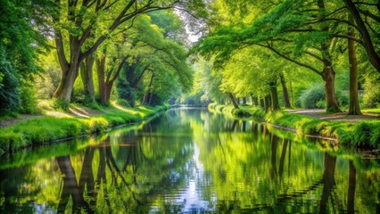 Fototapeta premium Tranquil canal scene surrounded by lush green trees reflected in the water, serene, canal, scene, lush, green, trees