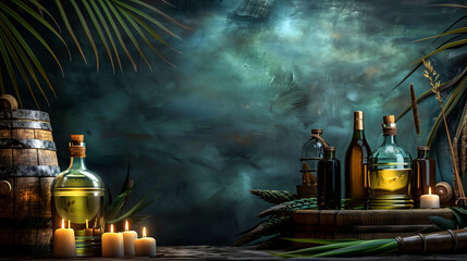 Tropical Setting With Rum Bottles, a Barrel, Candles, and Vibrant Foliage at Sunset