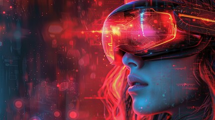 Woman wearing a futuristic helmet standing in a virtual world, digital art style, illustration painting