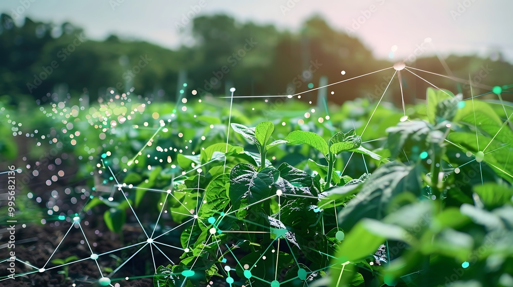Wall mural close-up view of a lush green field with plants. a network of lines and dots represent technology an