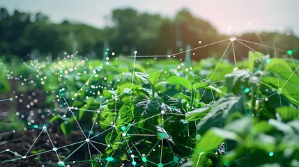 Close-up view of lush green field with connected plants for smart farming system using data network and digital technology integration agricultural innovation concept.