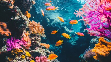 Coral Reef Symphony Orange Fish Amidst Lush Underwater Blooms, coral, fish, reef