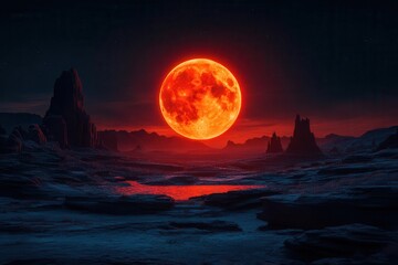 a striking red full moon rises against a dark night sky casting an eerie yet captivating glow over a tranquil landscape creating a sense of wonder and mystery