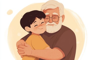Obraz premium a cartoon style picture of a boy hugging her grandpa 