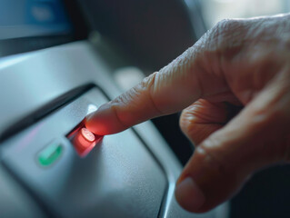 A close up of finger pressing fingerprint scanner, highlighting interaction with technology. red light indicates scanning process.