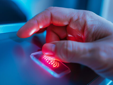 A close up of voters finger pressing fingerprint scanner, showcasing red light indicating scanning process.
