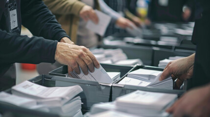 Sorting ballots by precinct during an election, hands engaged in process, showcasing importance of civic duty and participation.