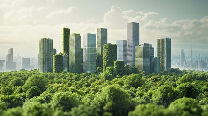 Fototapeta premium Green City Skyline A Forest of Skyscrapers, 3D Illustration, Urban Greenery, Sustainable Architecture, Nature, Cityscape, Environment