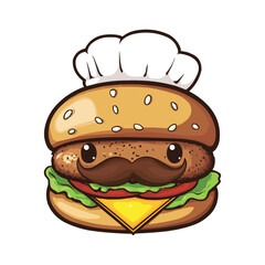 Cute cartoon vector clipart of a burger with a mustache and chef's hat on a white background