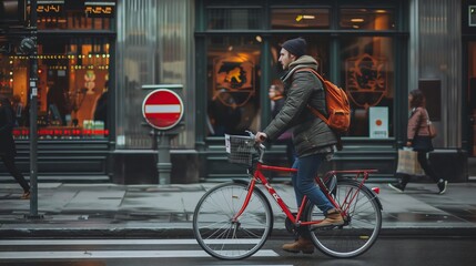 Urban Commuter on Bicycle in Trendy City Street, Concept of Sustainable Transport and Eco-Friendly Lifestyle