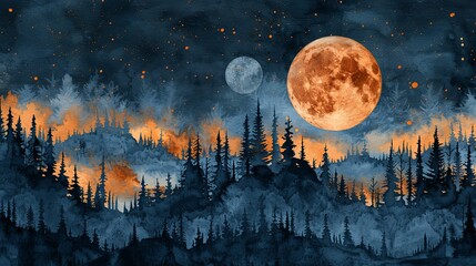 Naklejka premium Watercolor night forest. Cute seamless pattern. Wolf in the night forest. Creative watercolor texture for fabric, wrapping, textile, wallpaper, apparel. Hand drawn illustration