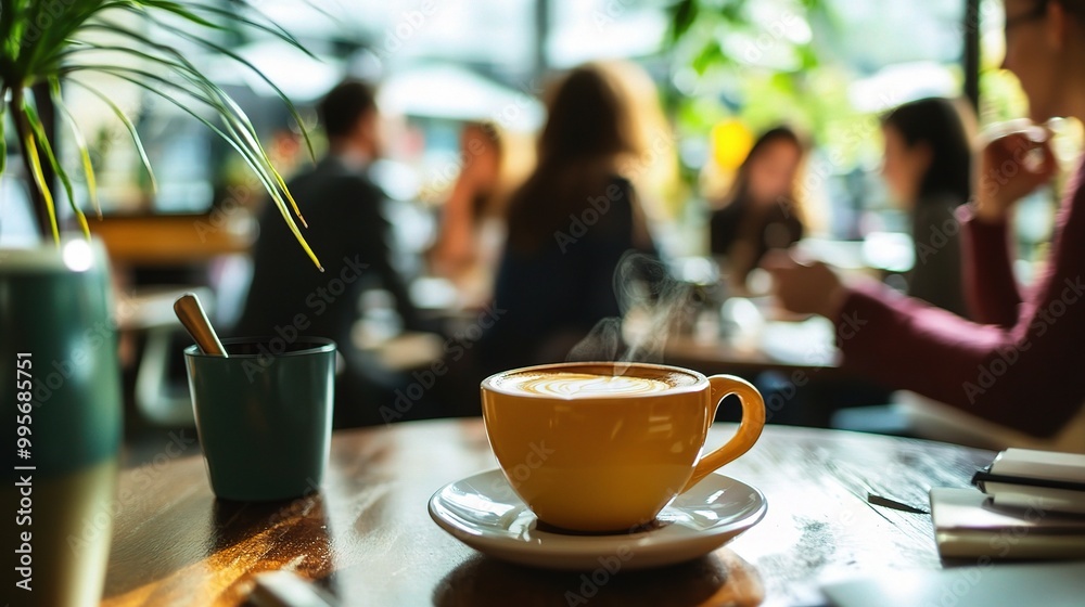 Canvas Prints Cozy Coffee Shop Scene with Steaming Cup