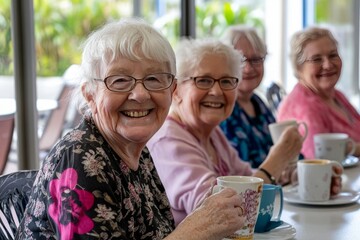 A group of happy elderly women sitting around at the table in an aged care facility, holding coffee mugs and smiling