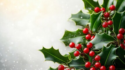 A soft focus, light abstract background featuring faint outlines of holly leaves and red berries, with ample copy space